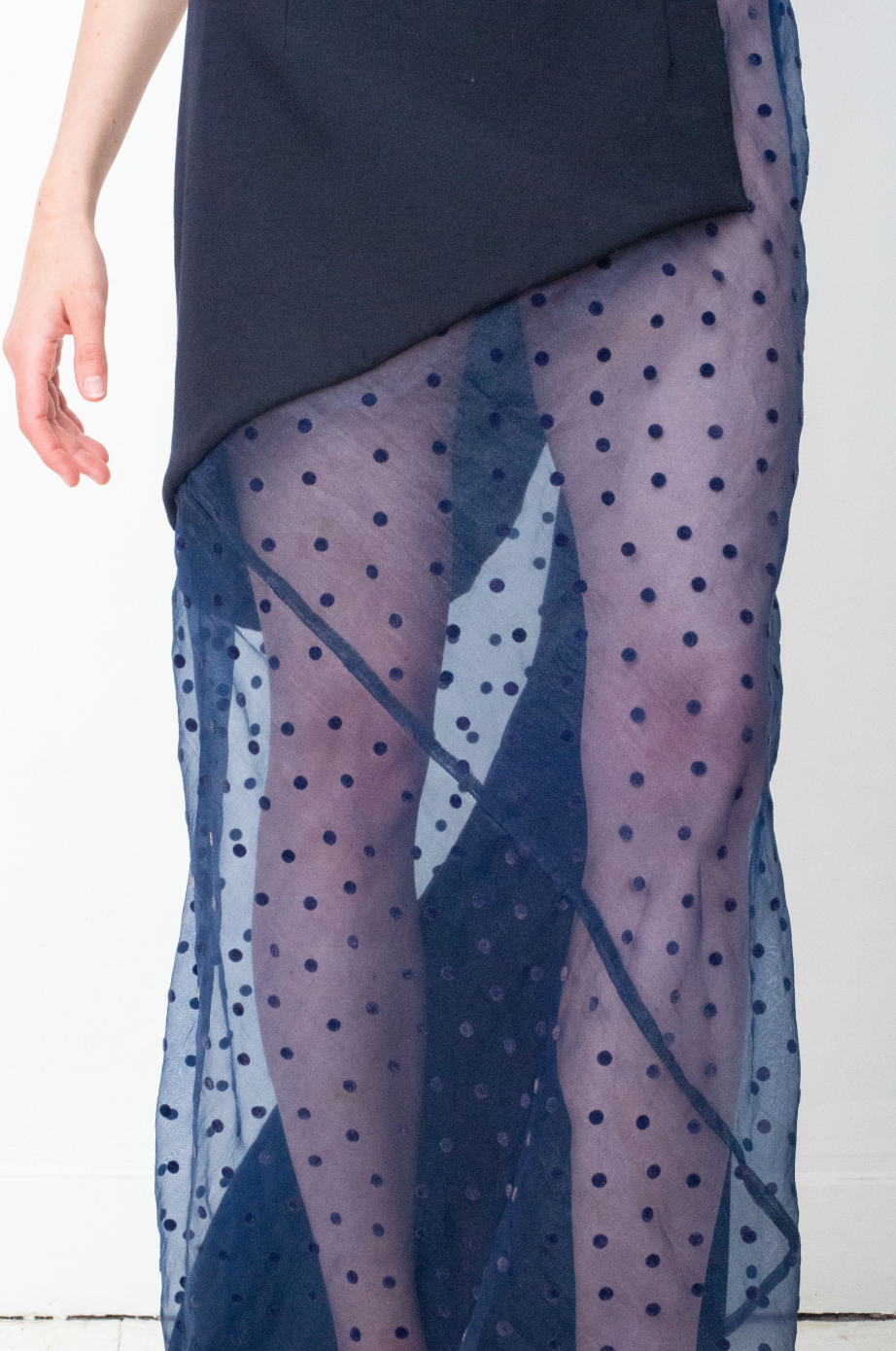 Comme des Garçons FW 1997 blue sheer polka dot with wool paneling evening dress