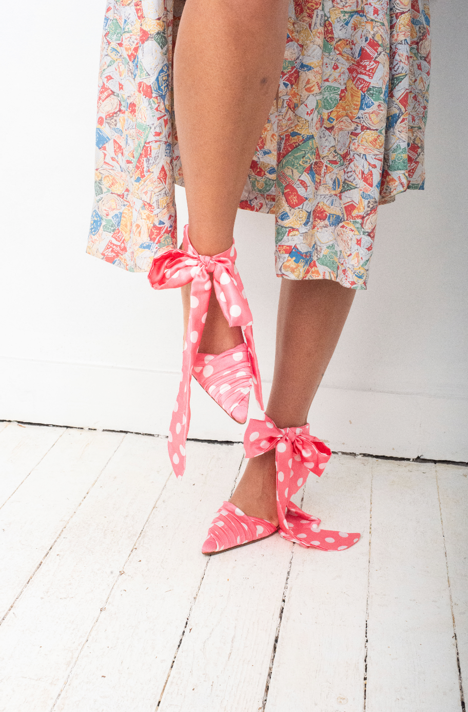 Walter Steiger pink polkadot heels with ribbons