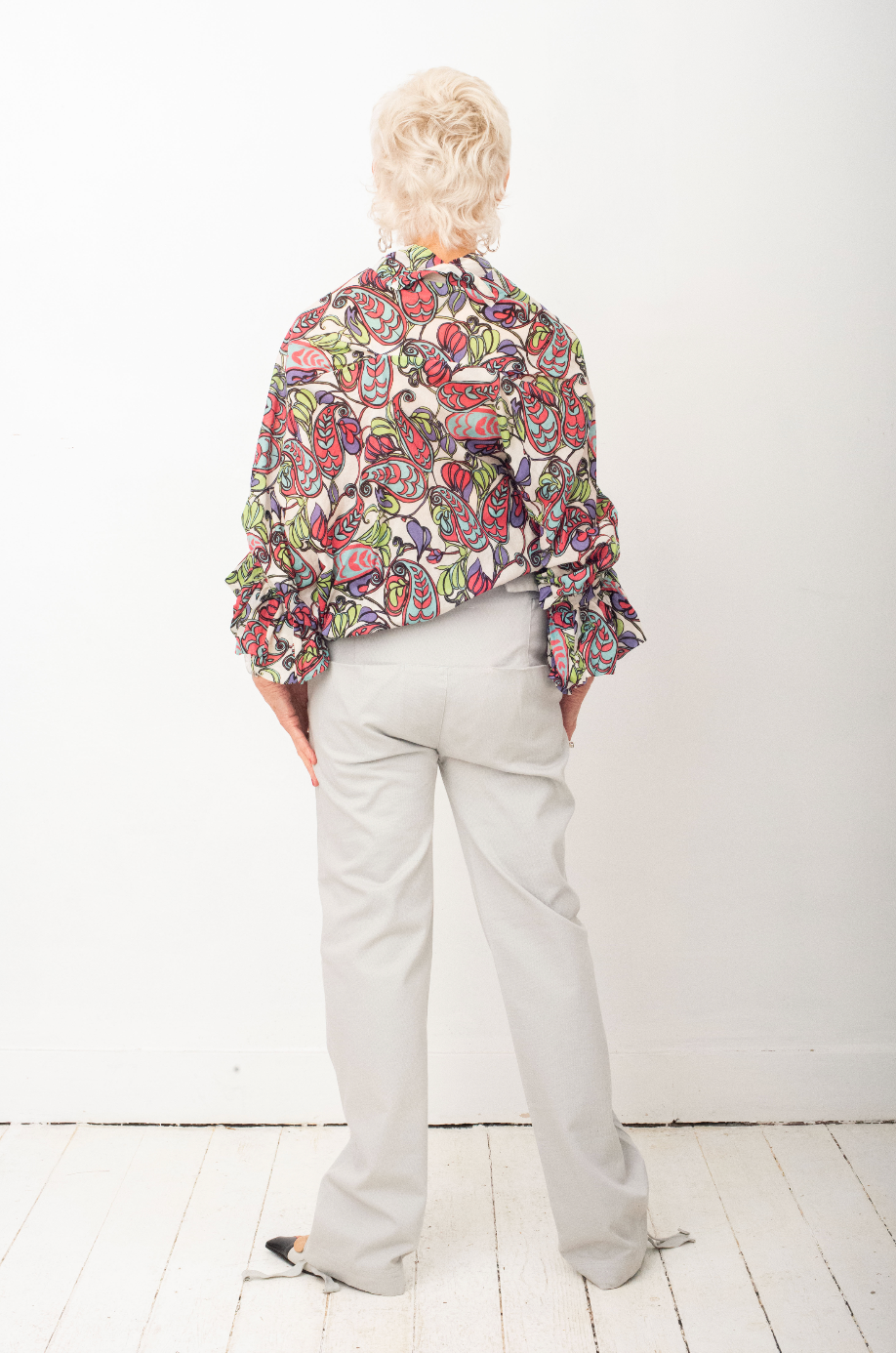 Junya Watanabe multicolour draped paisley print cotton shirt with ruffled sleeves.