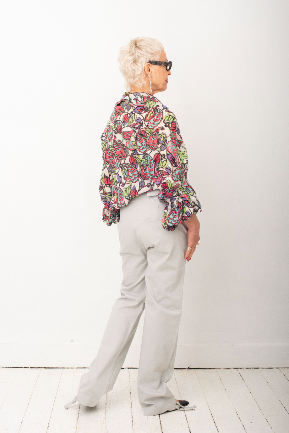 Junya Watanabe multicolour draped paisley print cotton shirt with ruffled sleeves.