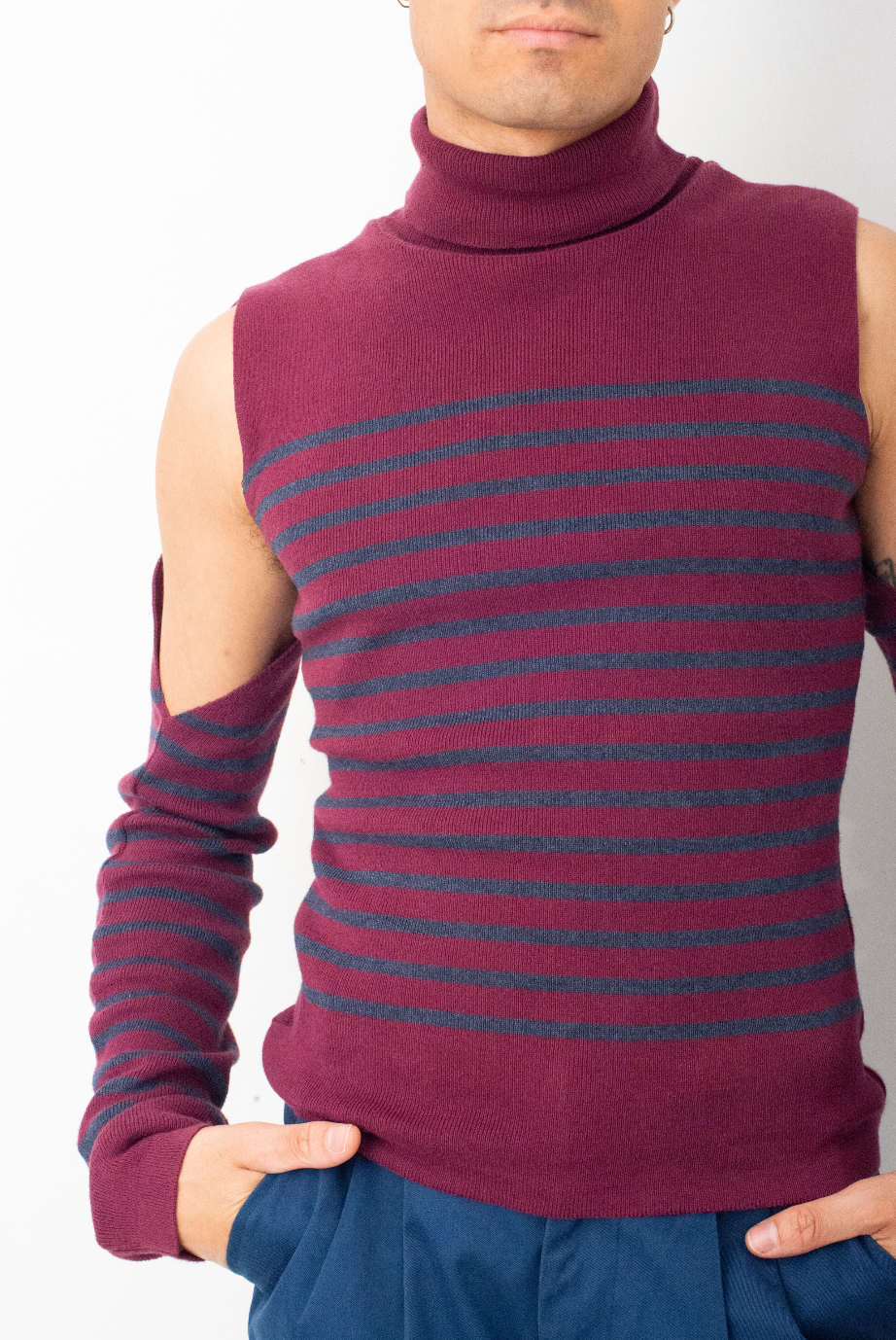 Jean Paul Gaultier 2000's striped burgundy turtle neck with separate sleeves