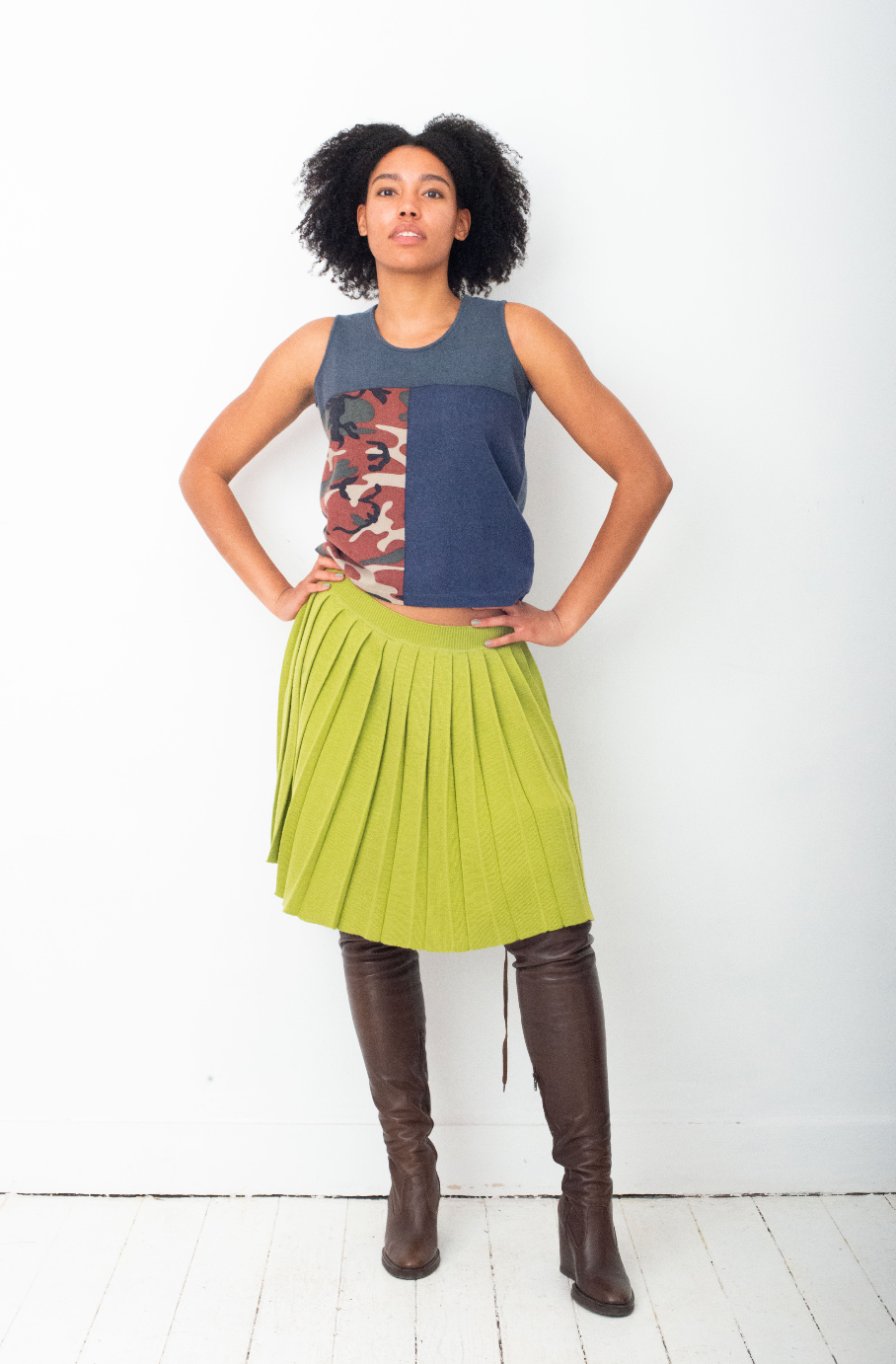 Jean Paul Gaultier 90's wool knit lime green pleated skirt