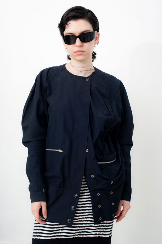 Y's navy blue asymmetrical nylon and cotton draped jacket