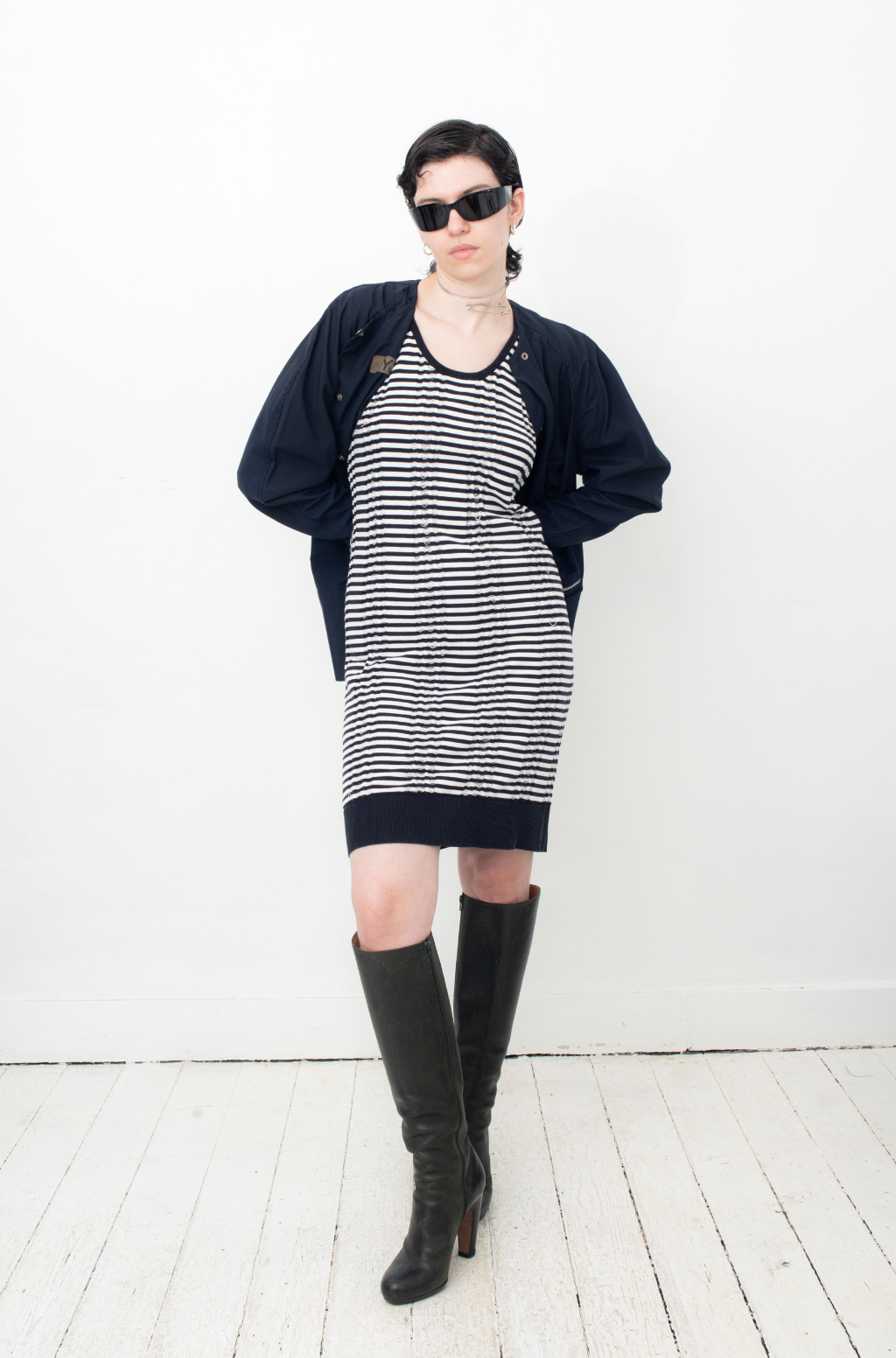 Maison Martin Margiela SS 2012 distressed knit striped navy and white dress