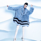 Fendi FW 2016 blue fur shearling coat with striped fox fur trims