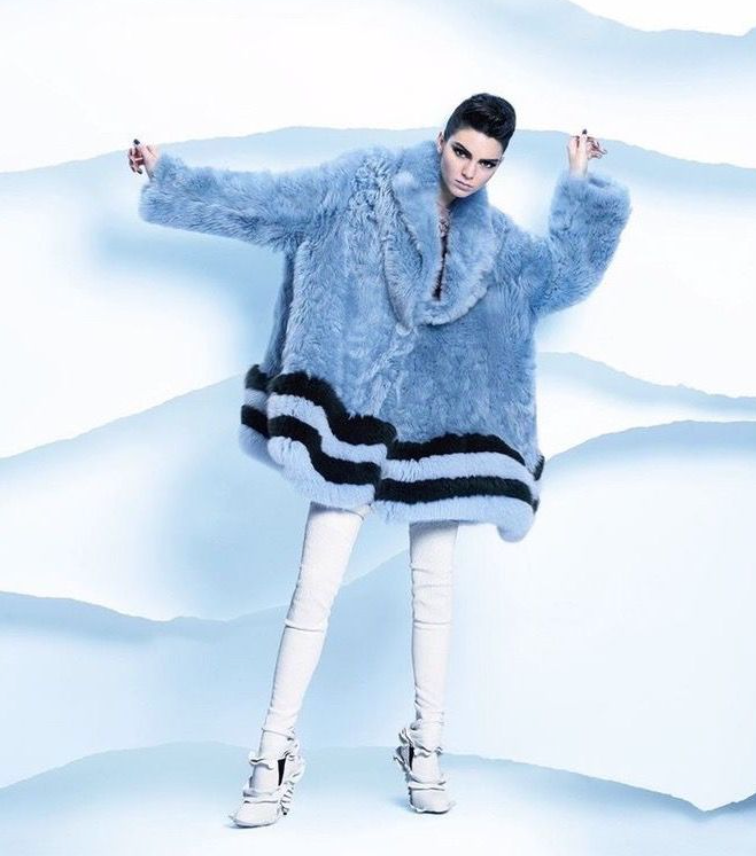 Fendi FW 2016 blue fur shearling coat with striped fox fur trims