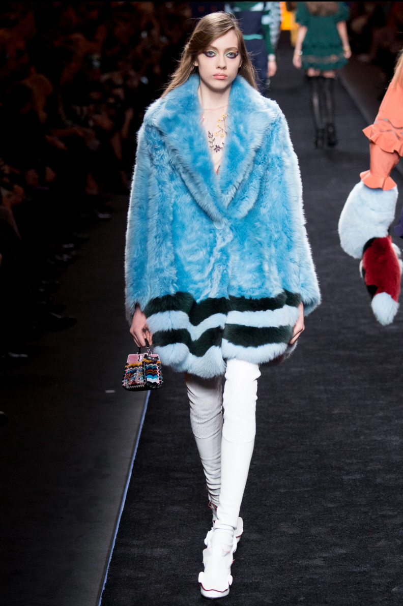 Fendi FW 2016 blue fur shearling coat with striped fox fur trims