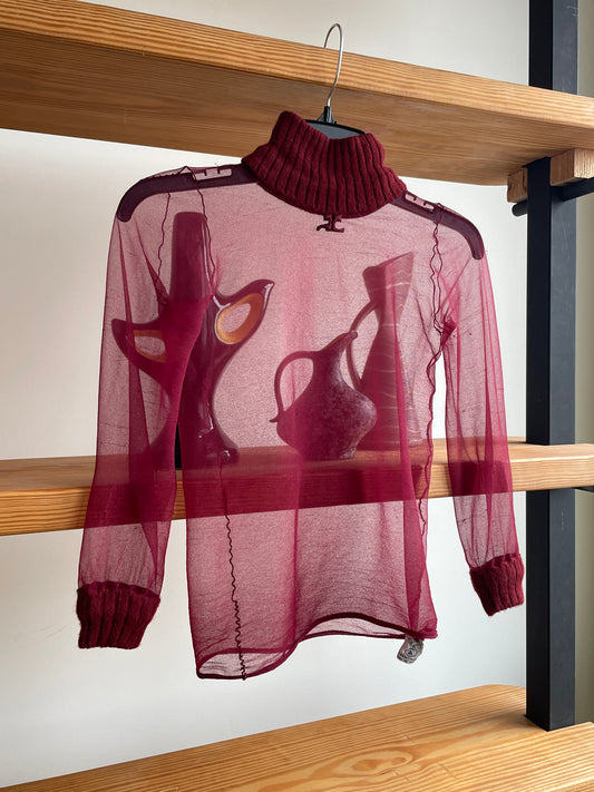 Courrèges 70s sheer burgundy turtleneck