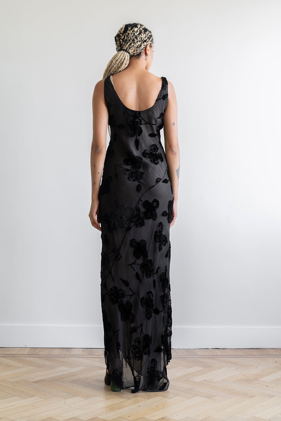 Calvin Klein 90's black floral velvet burnout bias slip gown
