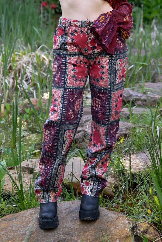 Krizia burgundy jeans with mosaic pattern