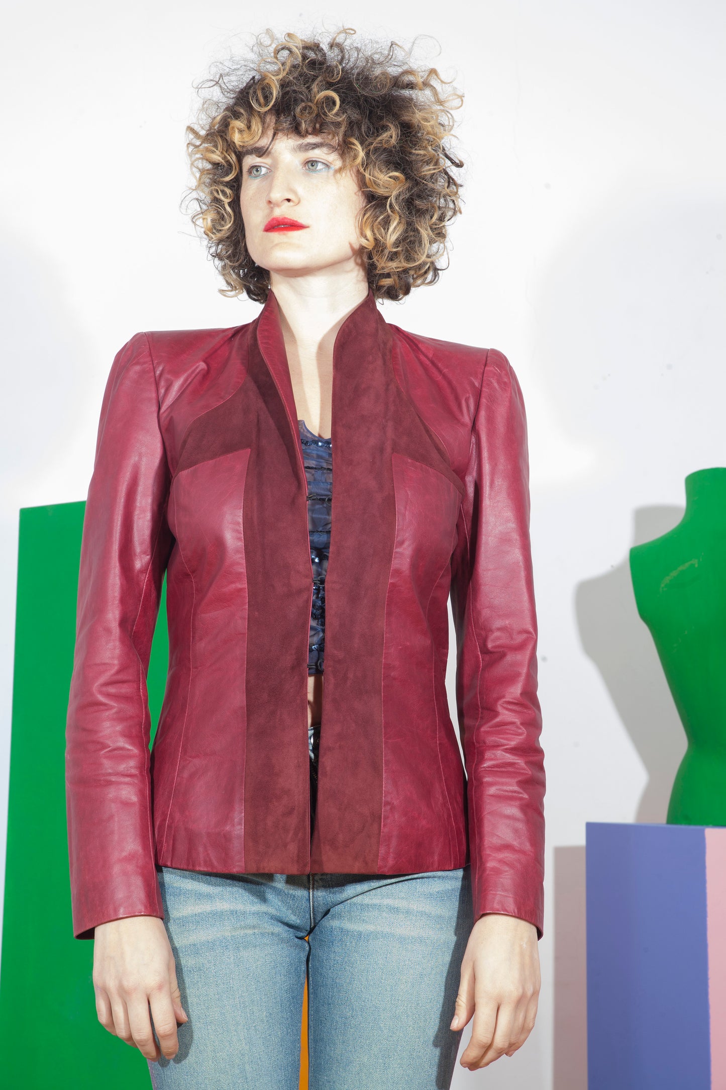 John Galliano 1990's burgundy leather and suede jacket