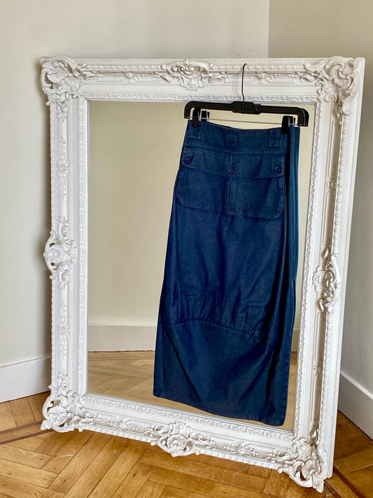 Marithé + François Girbaud 90's denim mid length skirt with high slits and oversized back pocket