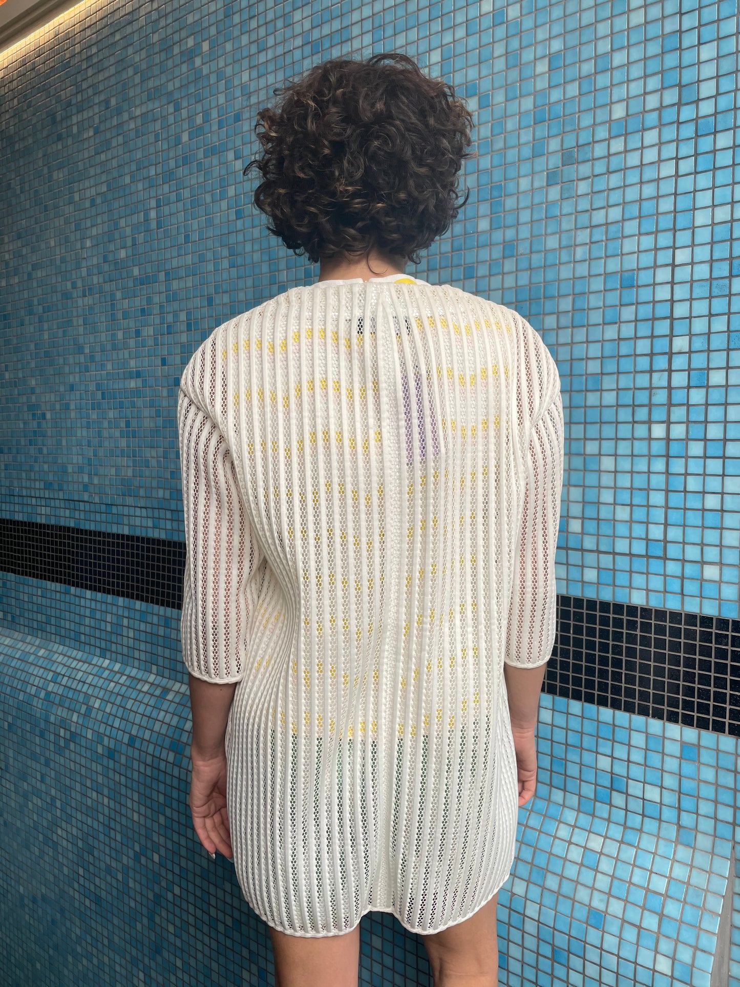 White knit transparent cardigan by Christine Phung