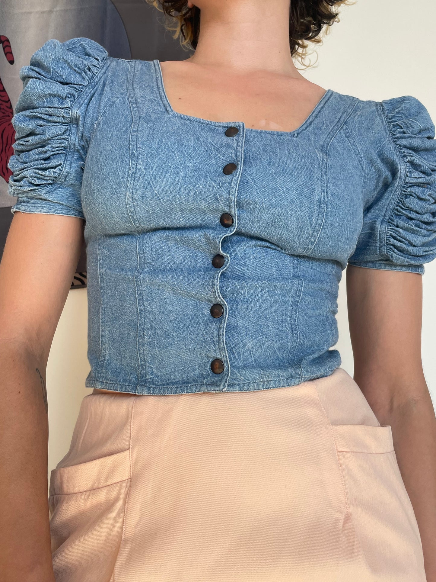 Krizia 90's jeans top with puffy sleeves