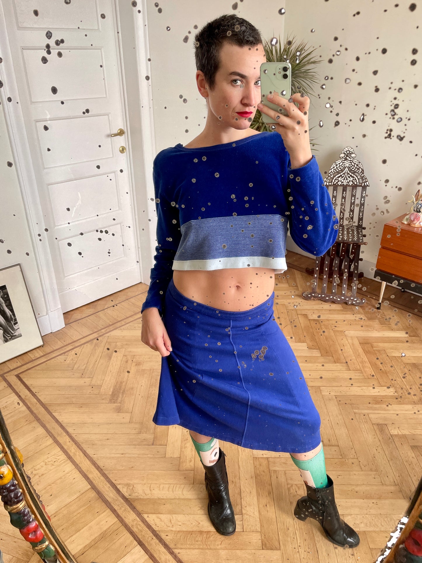 Sonia Rykiel 90's towel fabric blue skirt and sweater set