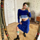 Sonia Rykiel 90's towel fabric blue skirt and sweater set