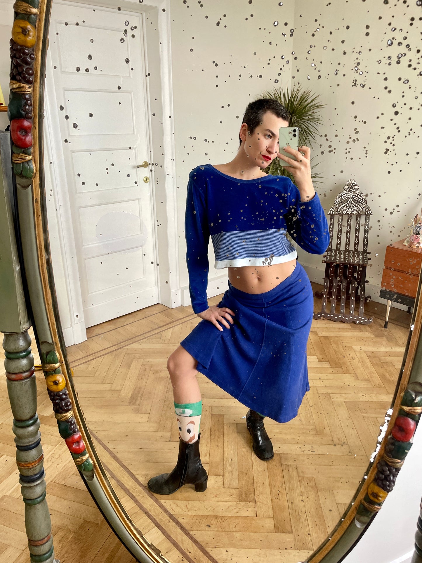 Sonia Rykiel 90's towel fabric blue skirt and sweater set