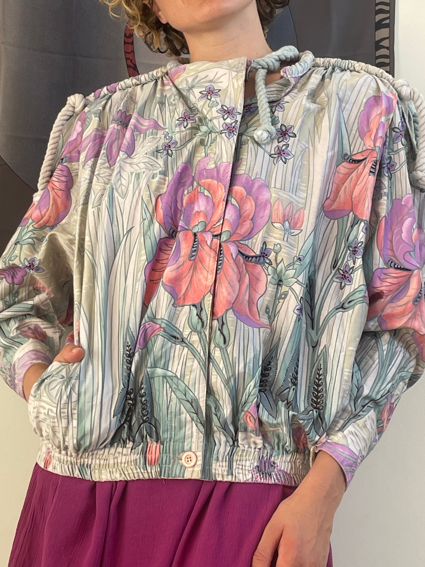 Elizabeth Wessel 80's cotton bomber jacket with flower print and rope detail