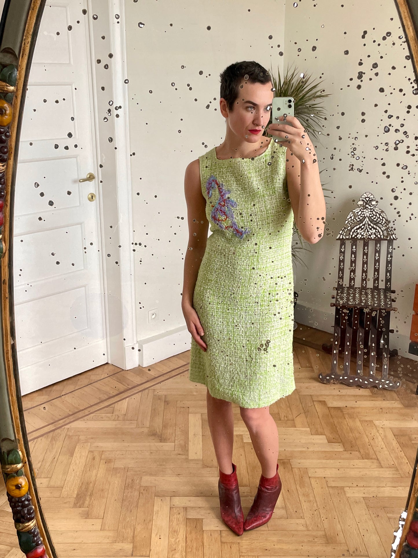 Christian Lacroix 90's apple green knit dress with floral embroidery