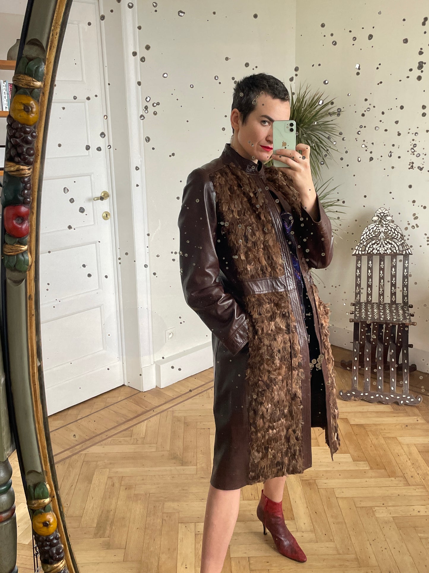 Plein Sud 90's brown leather coat with feathers