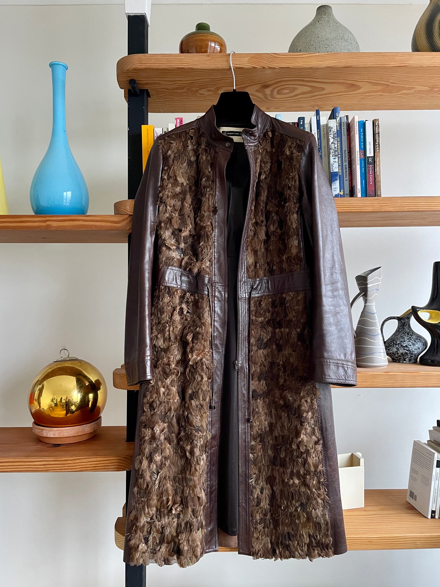Plein Sud 90's brown leather coat with feathers
