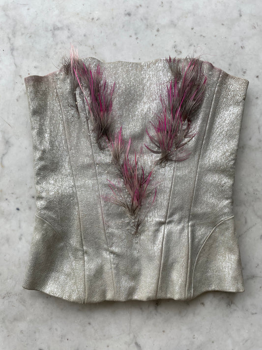 Jean Claude Jitrois 90's sparkly silver leather corset with pink dyed feathers and gems