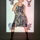 John Galliano 2000's silk ruffle gothic print dress