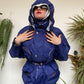 Zino & Judy 90's mid length blue rain jacket with removable cap