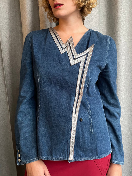Krizia 80's jeans jacket with silver lightning closure