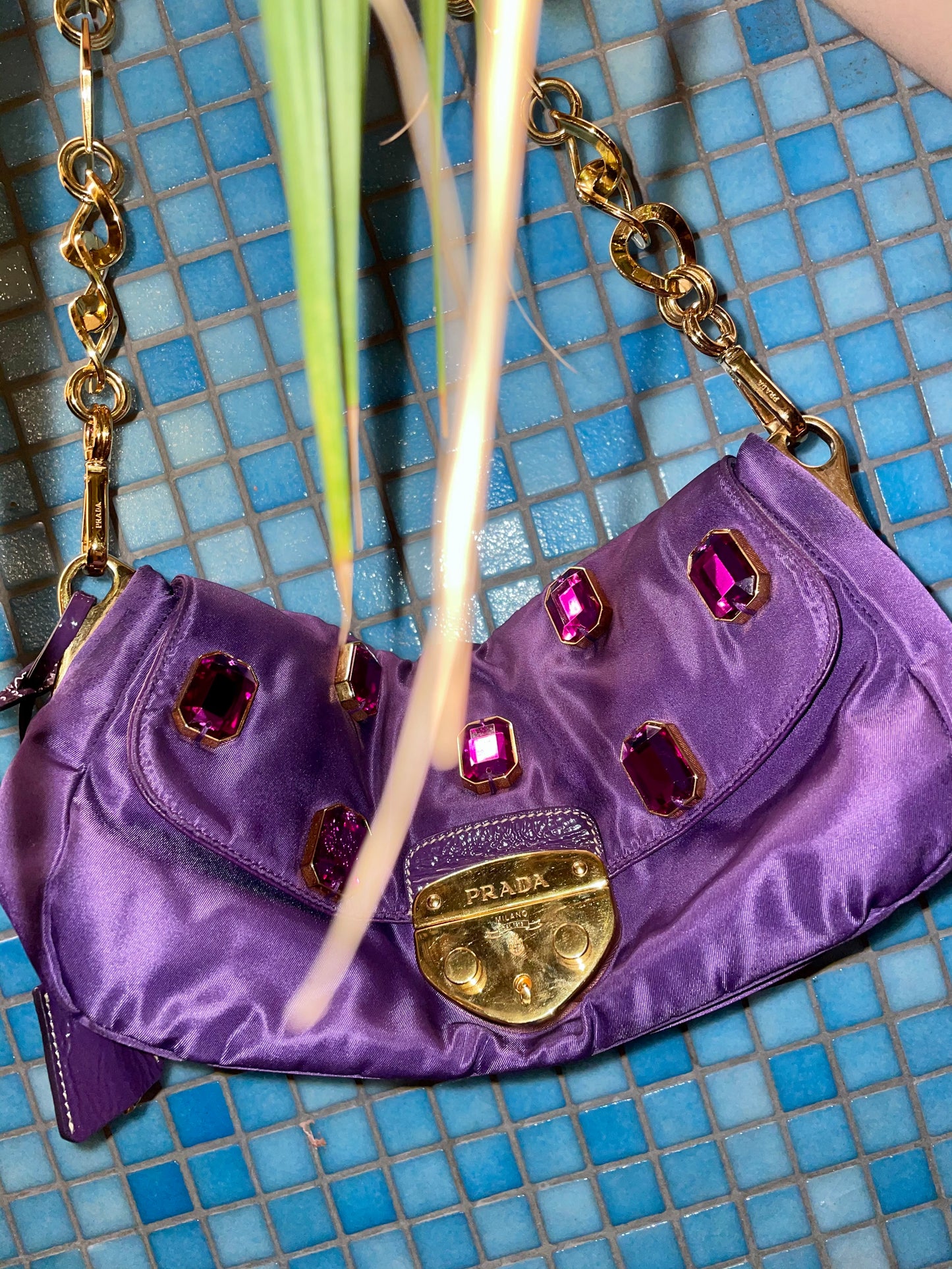 Prada purple nylon bag with leather finishes and diamonds