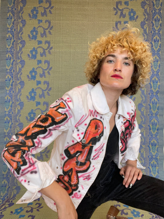 Voyage 1990's one-of-a-kind white denim graffiti jacket
