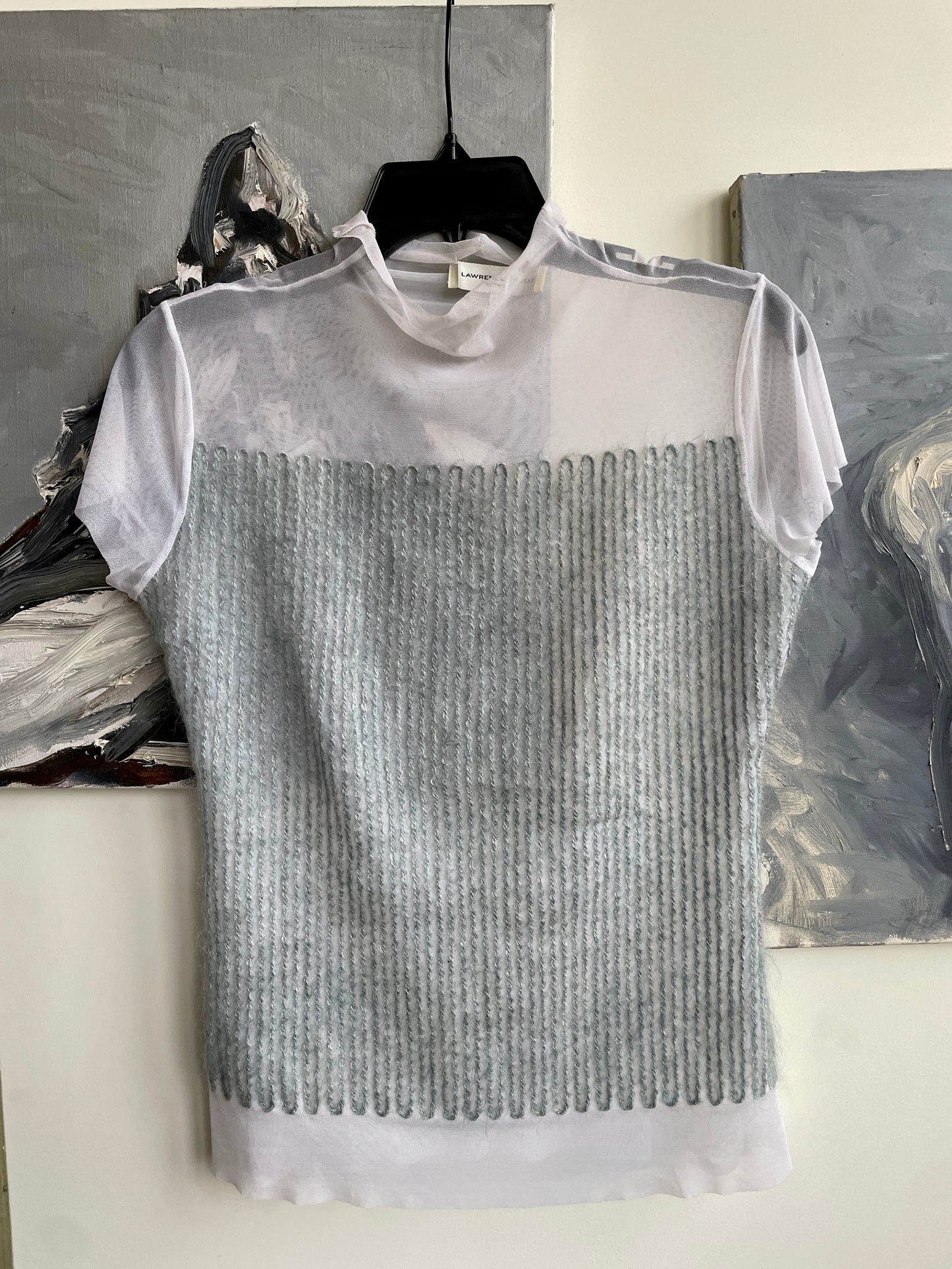 Lawrence Steel 90's sheer mesh off-white top with wool thread square