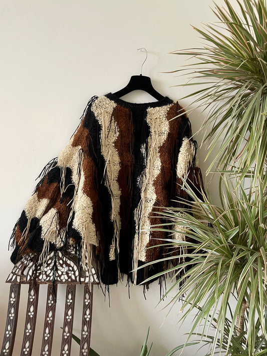 Hand-knit zig-zag oversized sweater in mohair & wool with fringes