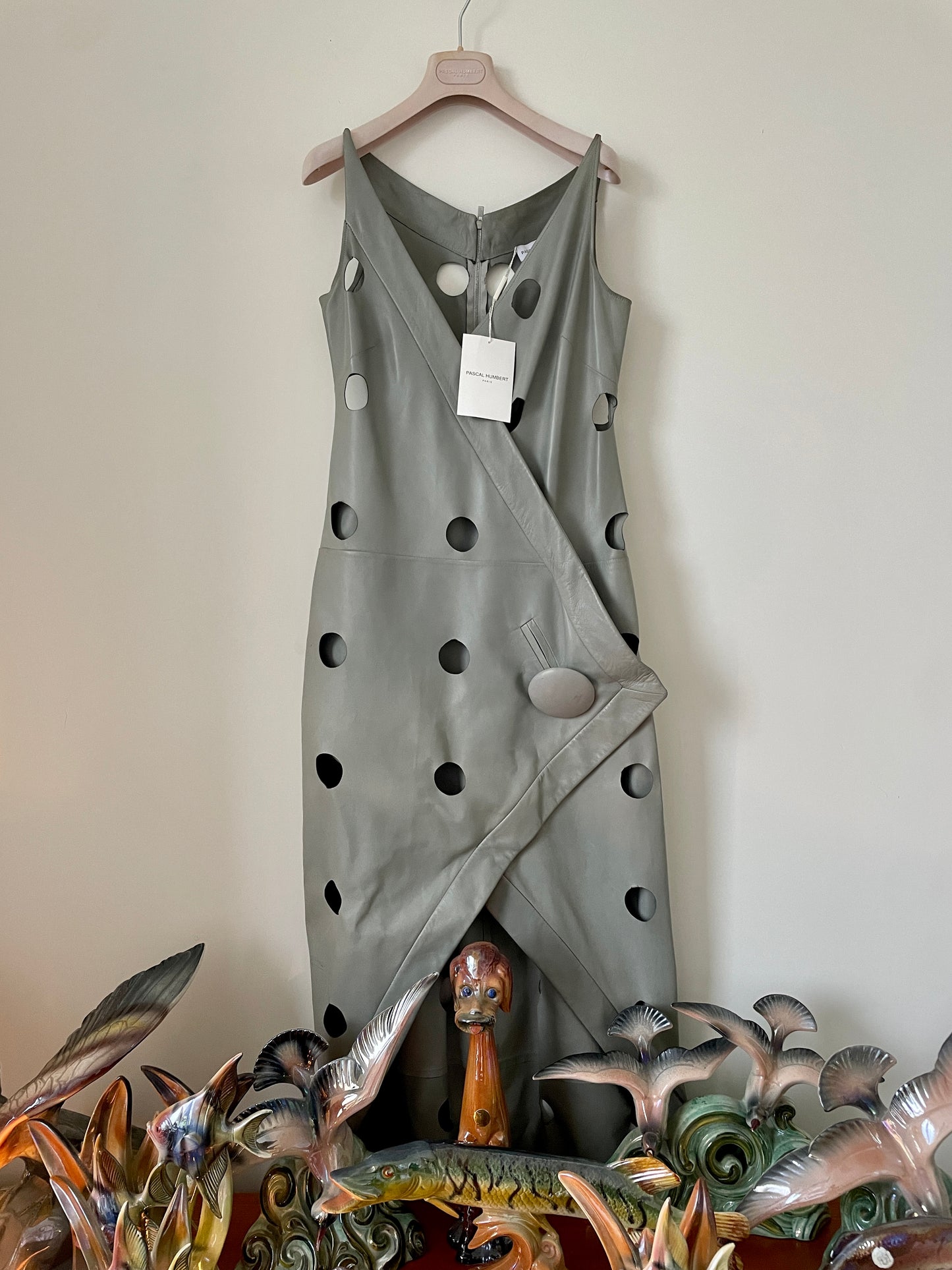 Pascal Humbert 2000's grey leather evening dress with cut out circles