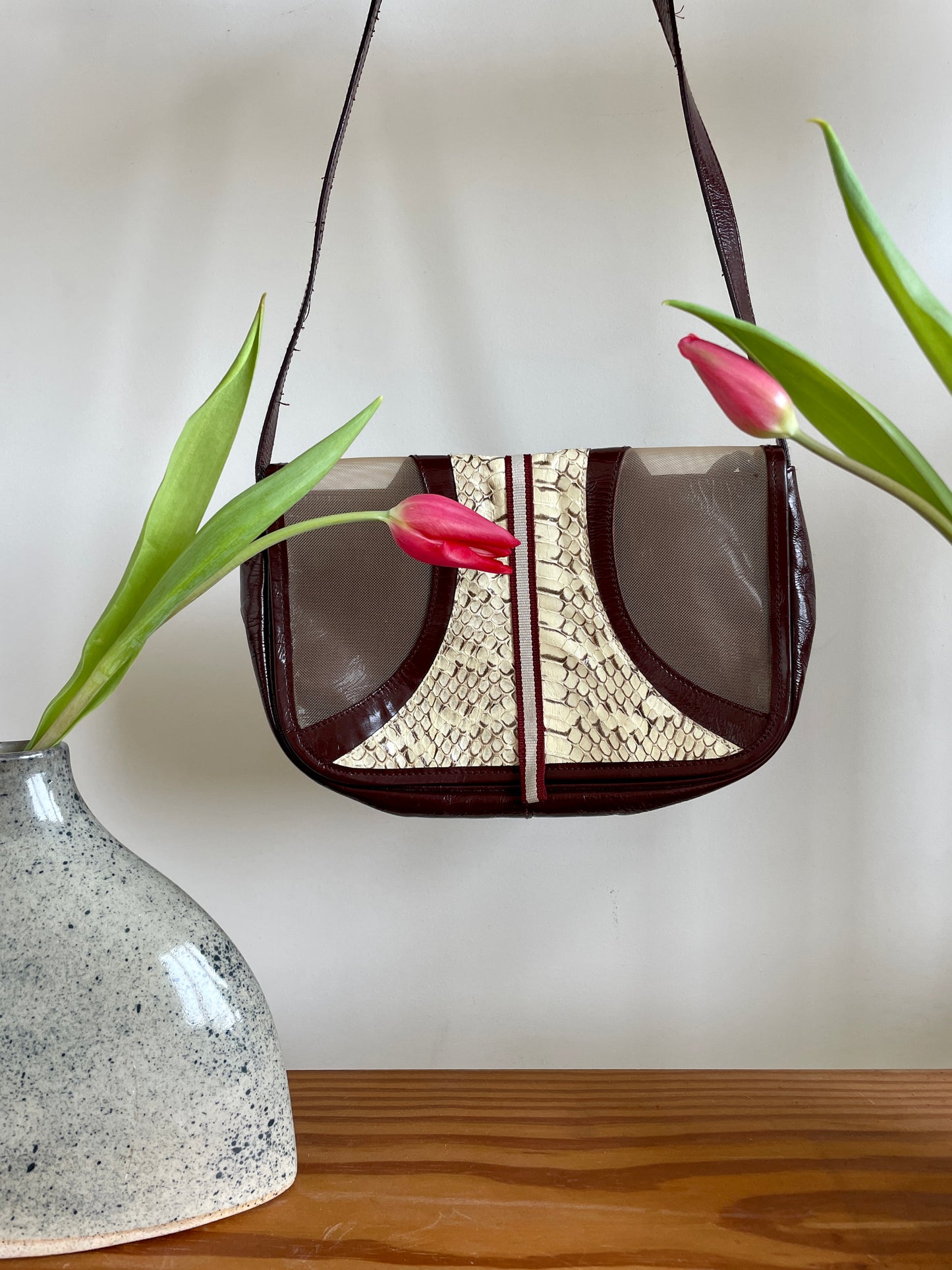 Miu Miu SS 2000 patent leather, mesh & python print burgundy shoulder bag