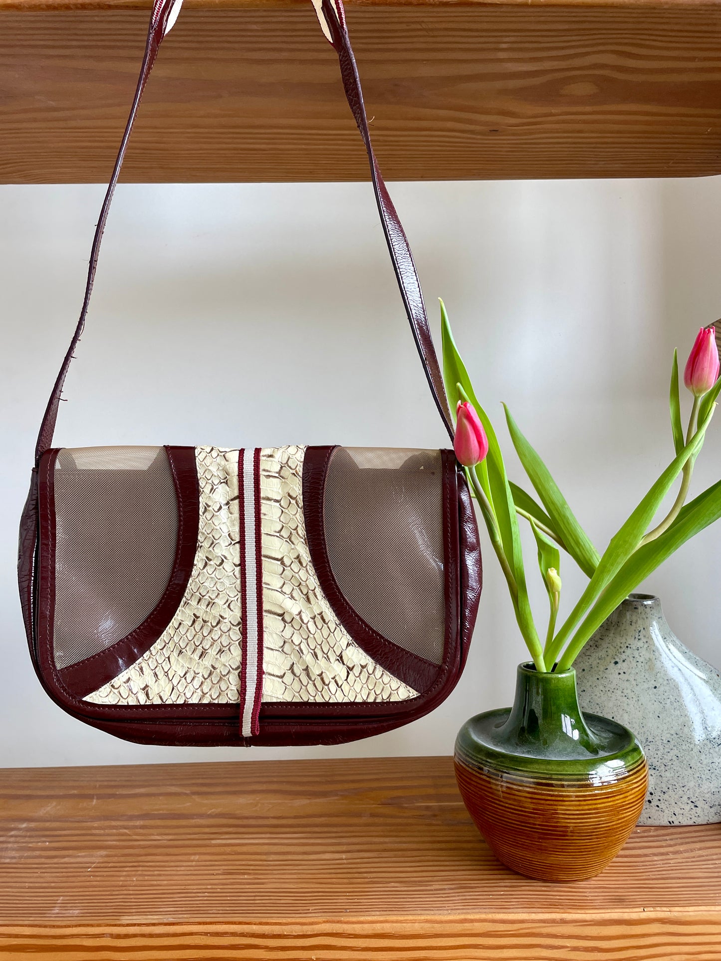 Miu Miu SS 2000 patent leather, mesh & python print burgundy shoulder bag