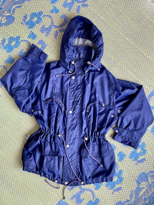 Zino & Judy 90's mid length blue rain jacket with removable cap