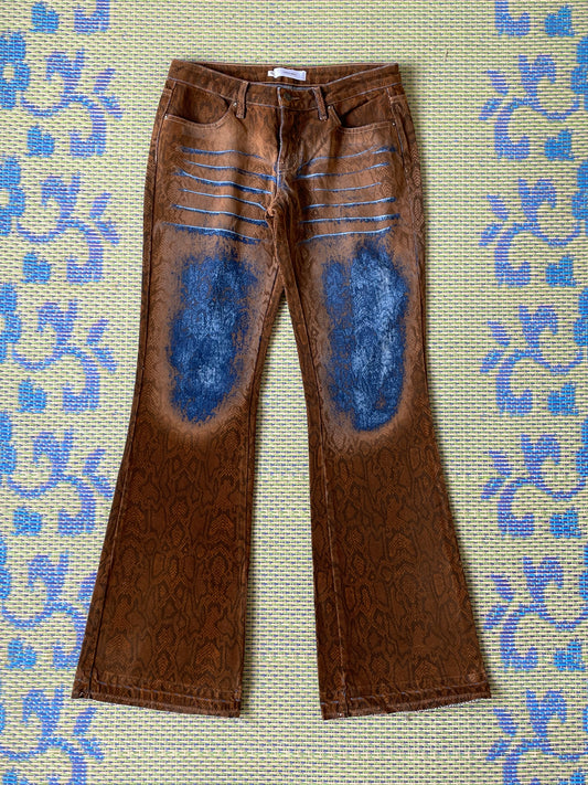 Carlos Miele 2000's python print with electric blue patches denim velvety flared trousers