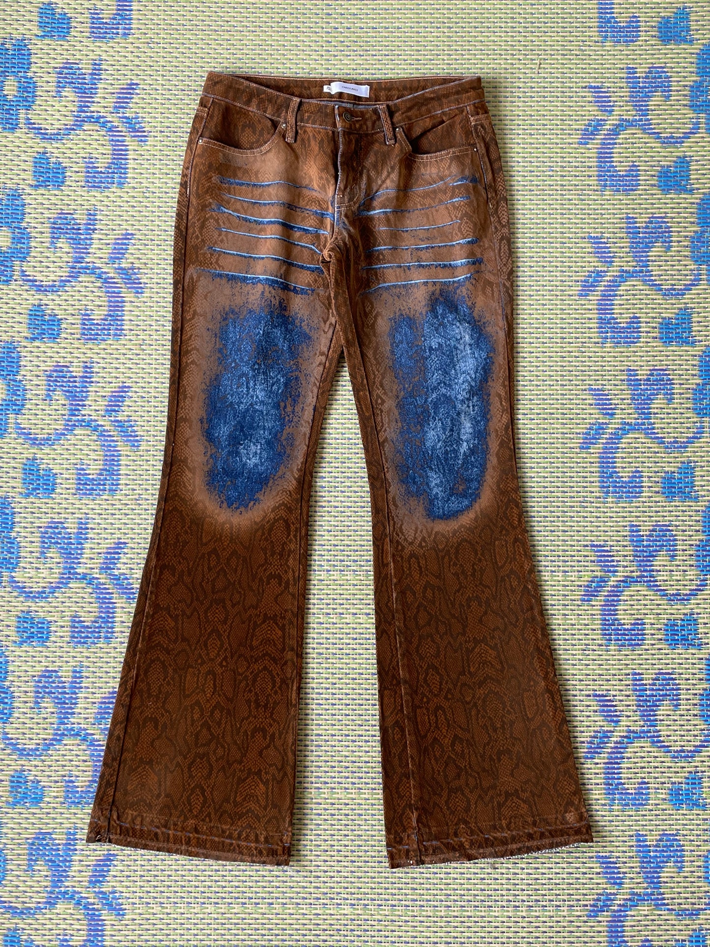 Carlos Miele 2000's python print with electric blue patches denim velvety  flared trousers