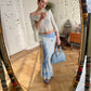 Voyage 2000's silk blue and white tie dye skirt with floral embroideries, mesh and lace patchwork