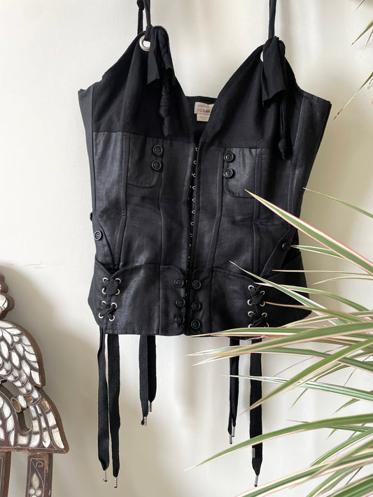 Antonio Berardi 2000's black linen boned corset with lace details and straps