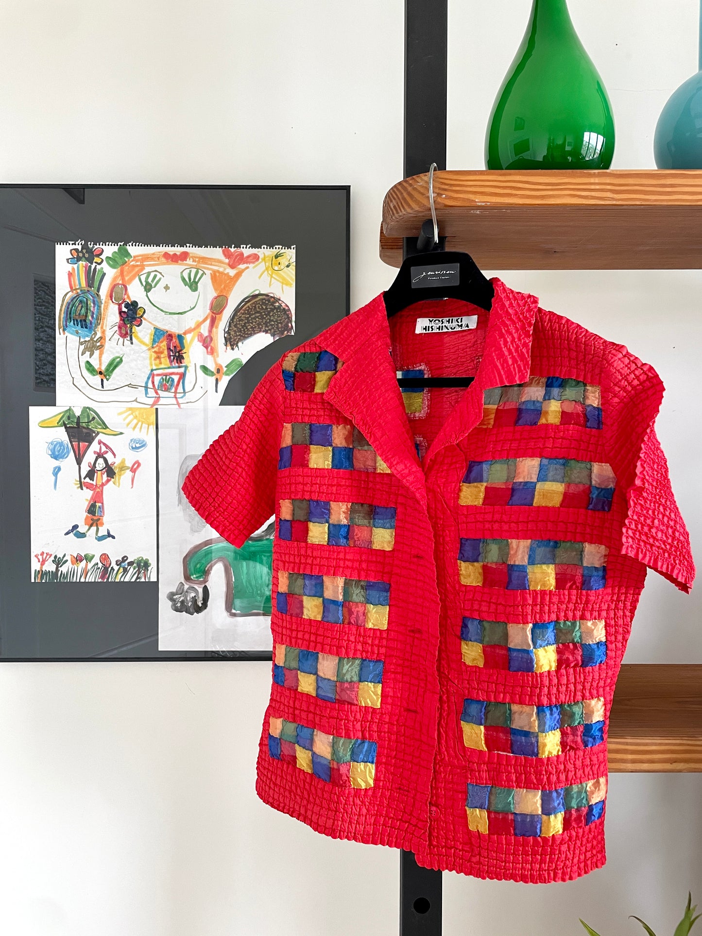 Yoshiki Hishinuma 2000's wrinkled red shirt with multicolor transparent squares