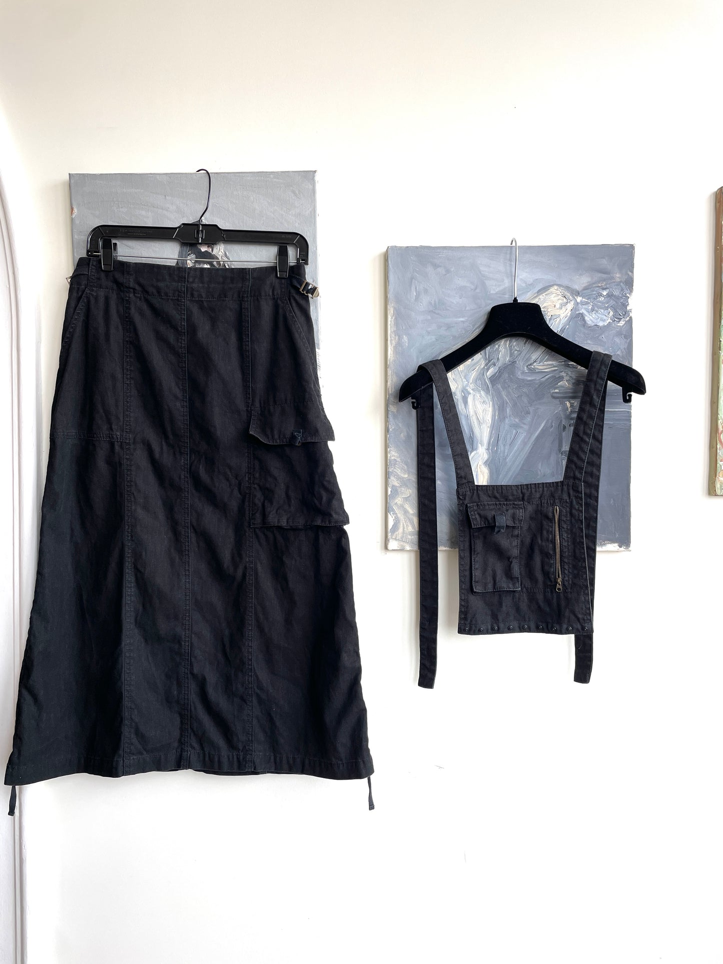 Atsuro Tayama 2000's thick cotton dark blue skirt with removable chest pocket & suspenders