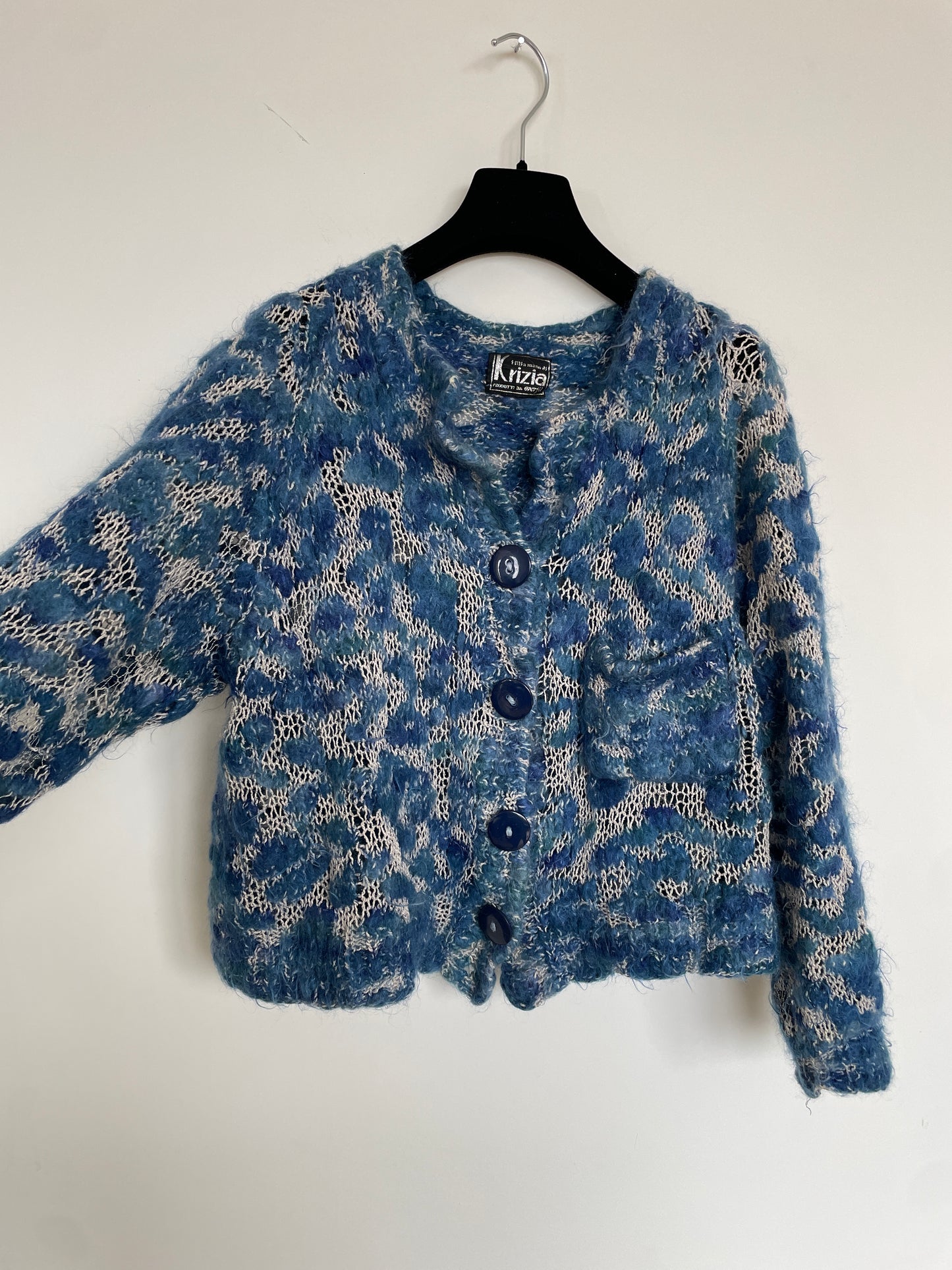 Krizia 80's loosely knit blue cardigan with wool patches