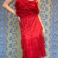 Chloé 1980's red lace evening dress with fishnet scarf