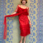 Chloé 1980's red lace evening dress with fishnet scarf