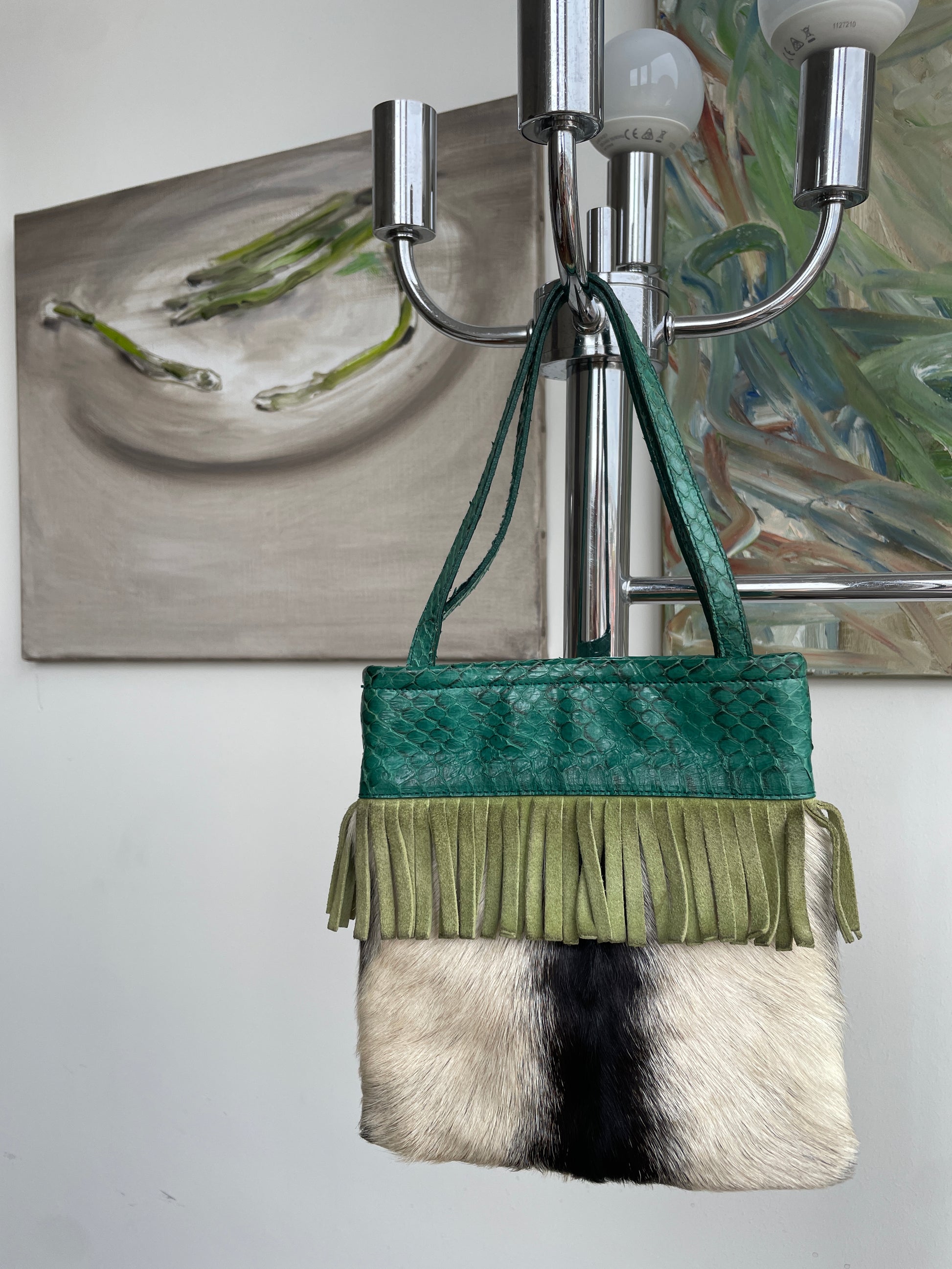 Miu Miu 1999 fur bag with suede fringes and python green handles
