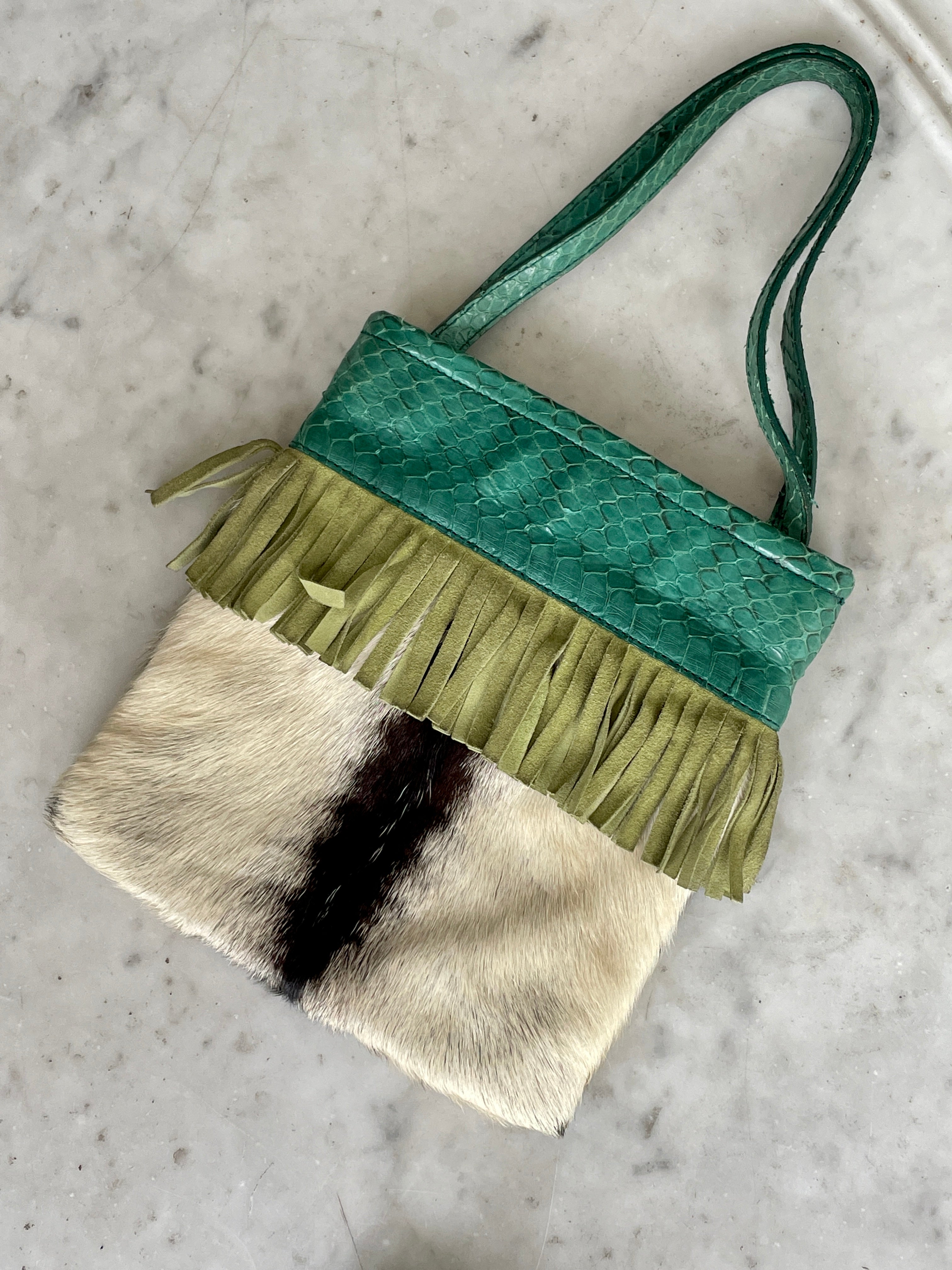 Miu Miu 1999 fur bag with suede fringes and python green handles