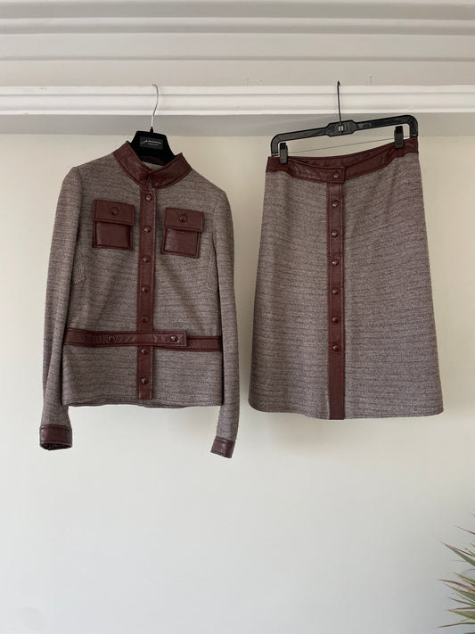 Courrèges 70s hyperbole wool brown skirt suit with vinyl trims
