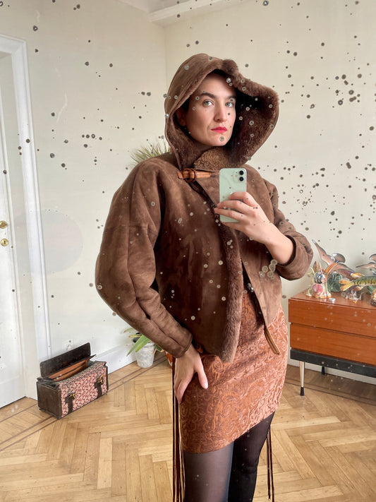 Gianni Versace 1980's shearling short pilot coat with asymmetrical hoodie